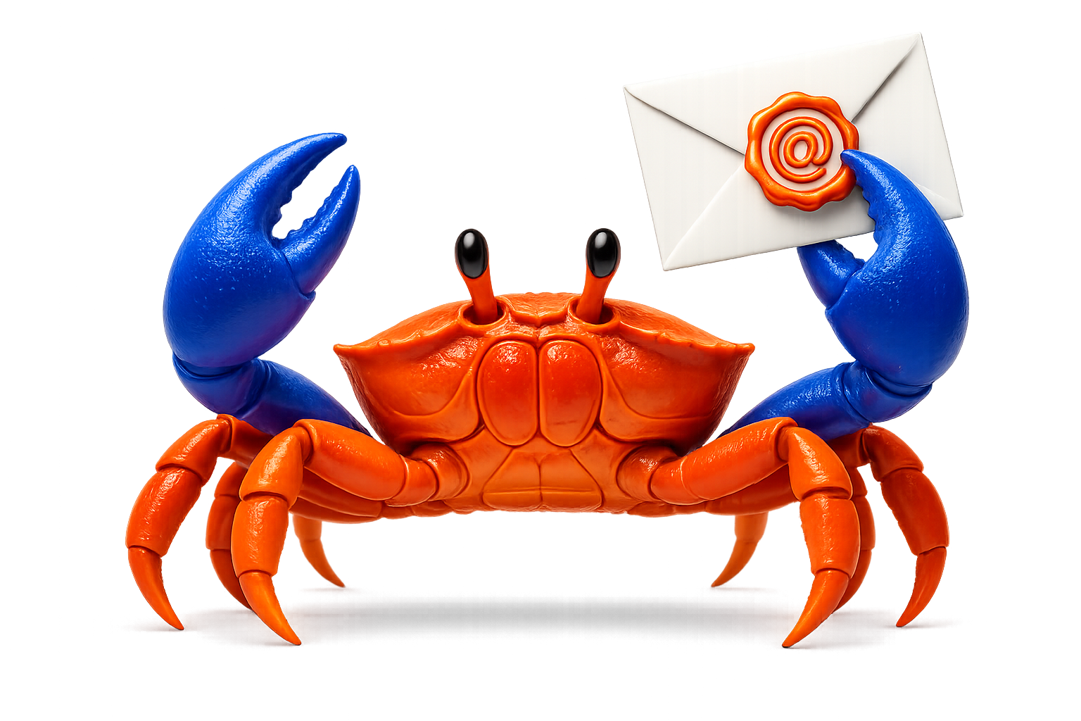 Authigent Email crab mascot holding a sealed letter
